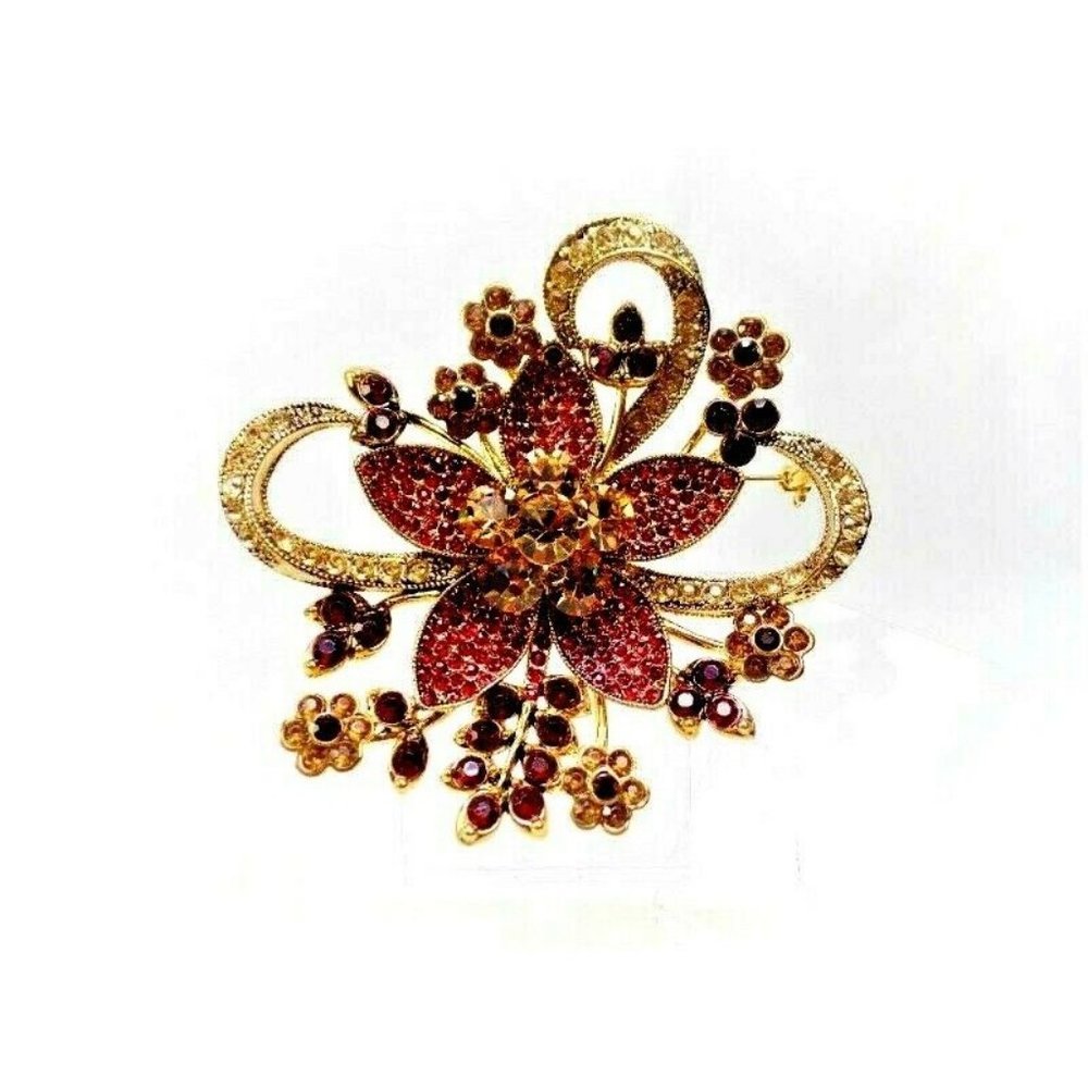 Avon Brooch Flower Faux Garnet Amber Rhinestone 35
